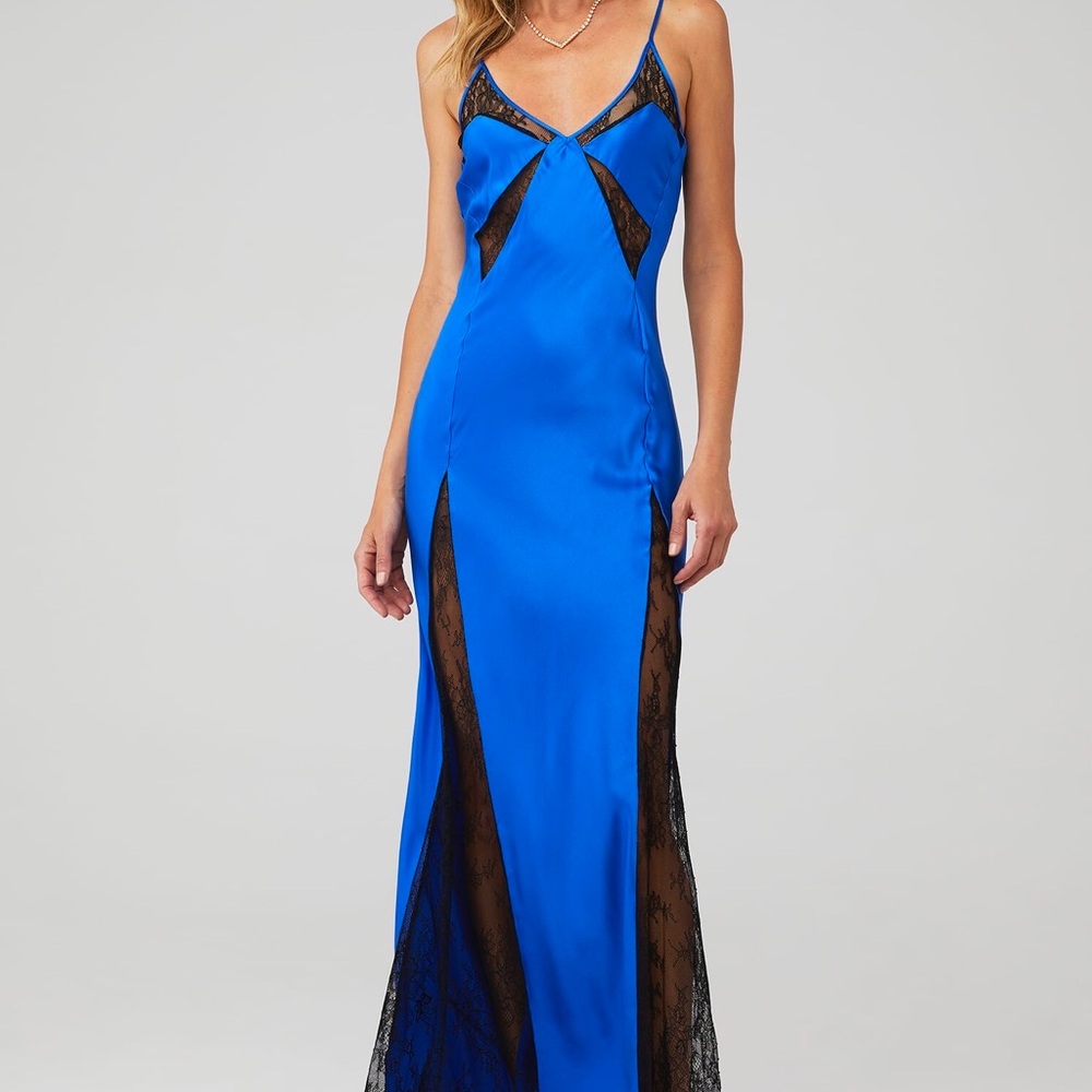 Delfi Collective Blue Satin Slip Gown with Black Lace Insets